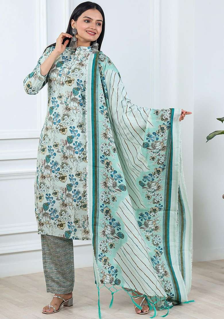 Green Floral Print Poly Straight Kurta Set - Indya
