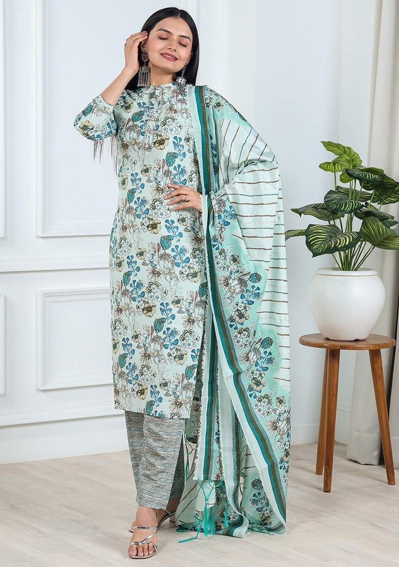 Green Floral Print Poly Blend Kurta Set
