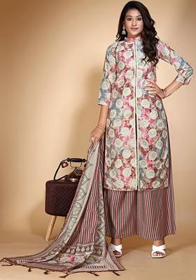 Purple Ethnic Motifs Embroidery Cotton Kurta Set