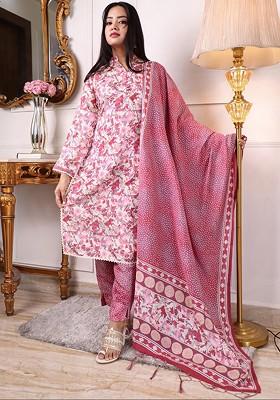 Pink Floral Print Cotton Kurta Set