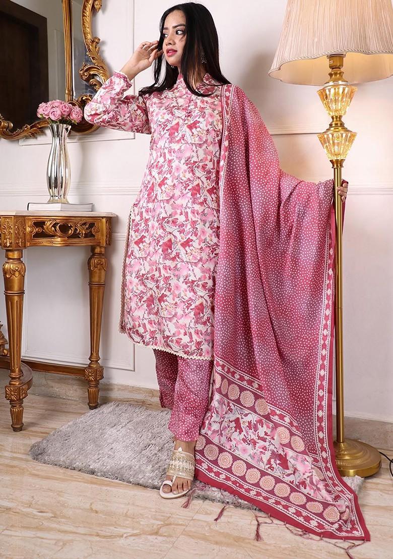Pink Floral Print Cotton Kurta Set