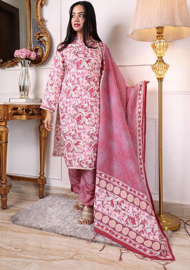 Pink Floral Print Cotton Kurta Set