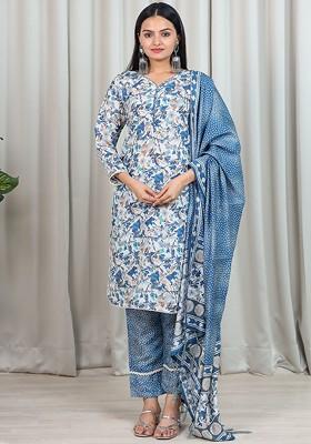 Blue Floral Print Cotton Kurta Set