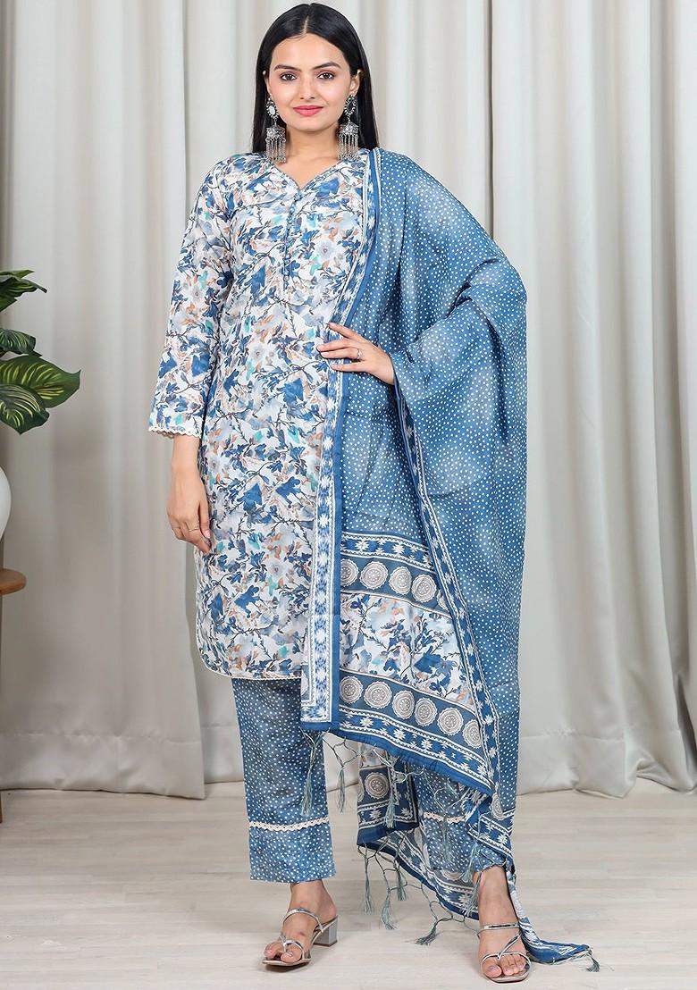 Blue Floral Print Cotton Kurta Set