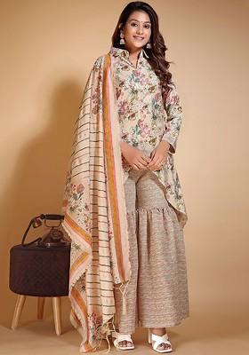 Peach Floral Print Cotton Kurta Set
