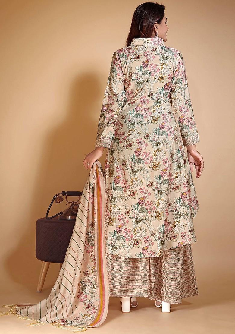 Peach Floral Print Cotton Kurta Set