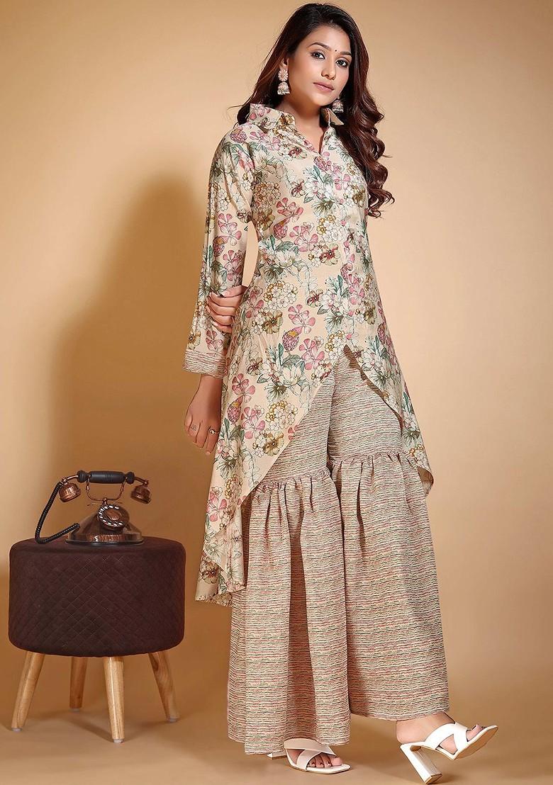 Peach Floral Print Cotton Kurta Set