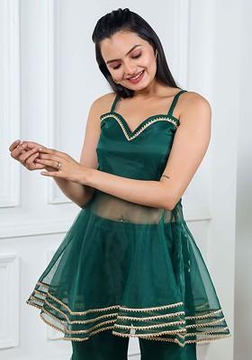 Green Solid Poly Blend Kurta Set