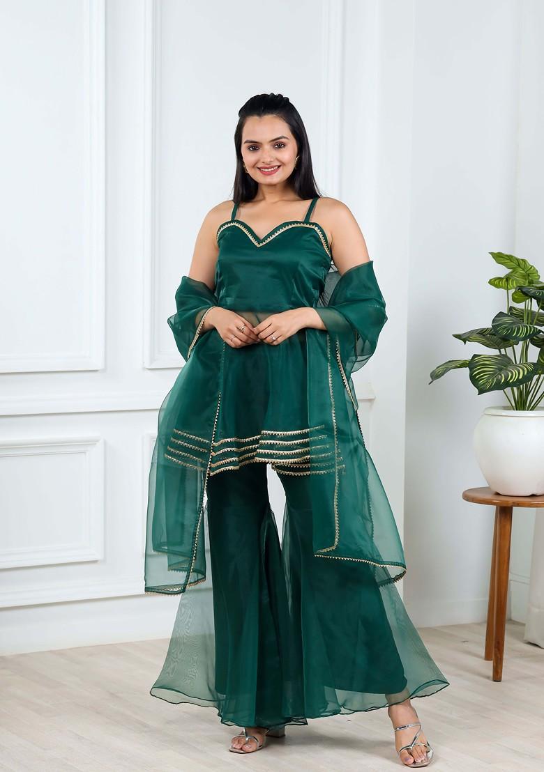 Green Solid Poly Blend Kurta Set