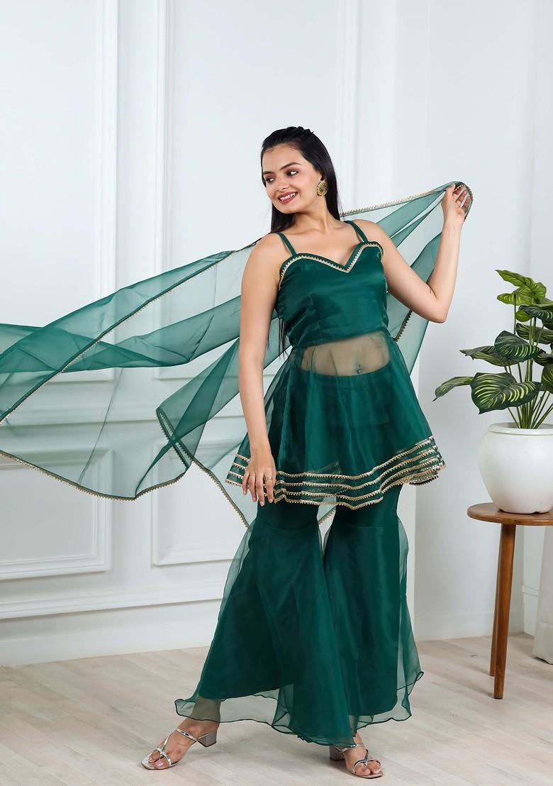 Green Solid Poly Blend Kurta Set