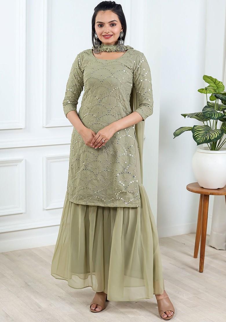 Olive Embroidered Poly Blend Kurta Set