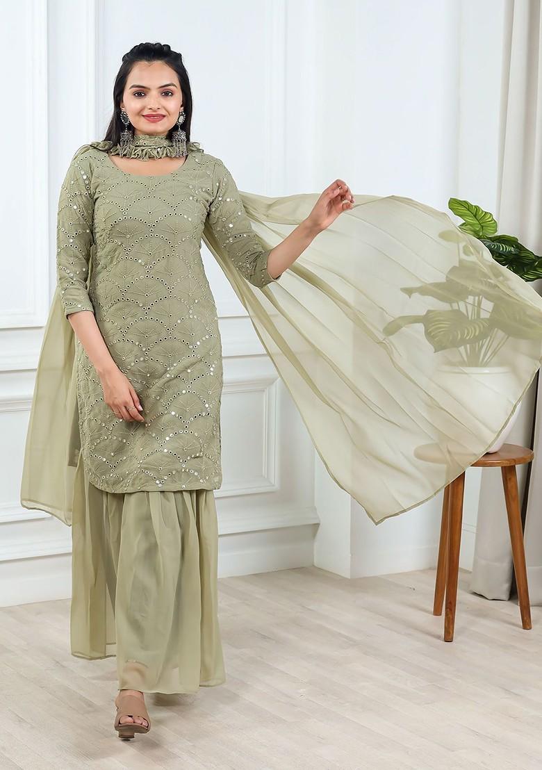 Olive Embroidered Poly Blend Kurta Set
