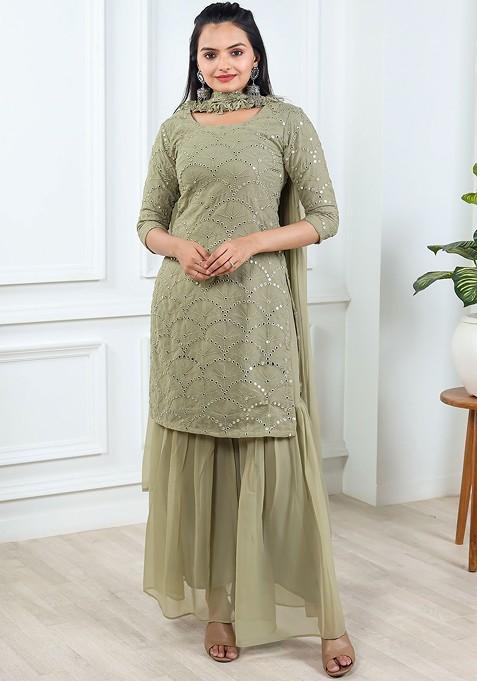 Olive Embroidered Poly Blend Kurta Set