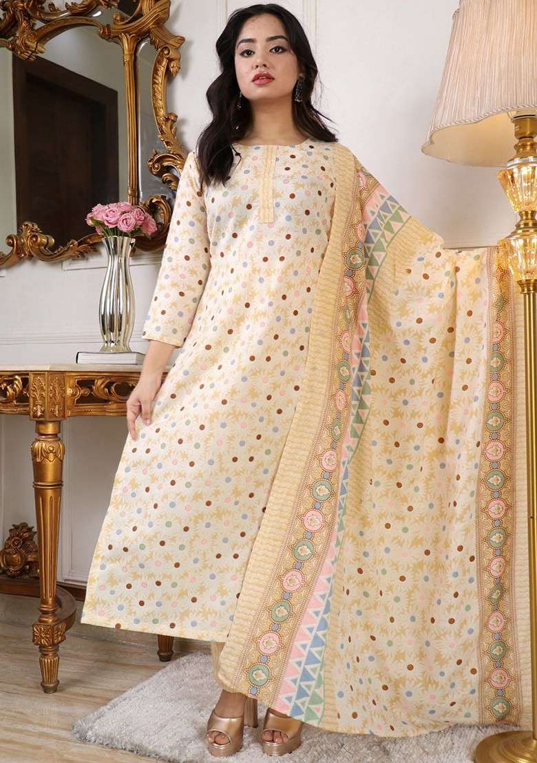 Yellow Printed Poly Straight Kurta Set - Indya