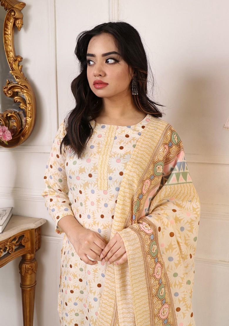 Yellow Floral Print Poly Blend Kurta Set