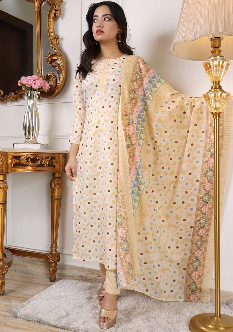 Yellow Floral Print Poly Blend Kurta Set