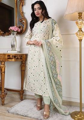 Off White Floral Print Poly Blend Kurta Set