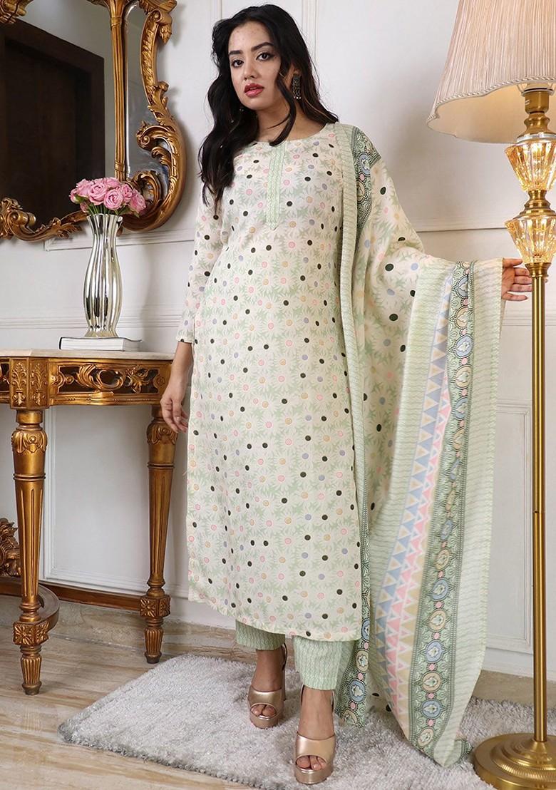 Off White Floral Print Poly Blend Kurta Set