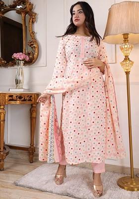 Peach Printed Poly Blend Kurta Set