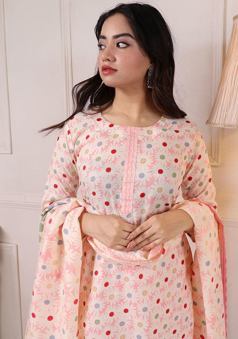 Peach Printed Poly Blend Kurta Set