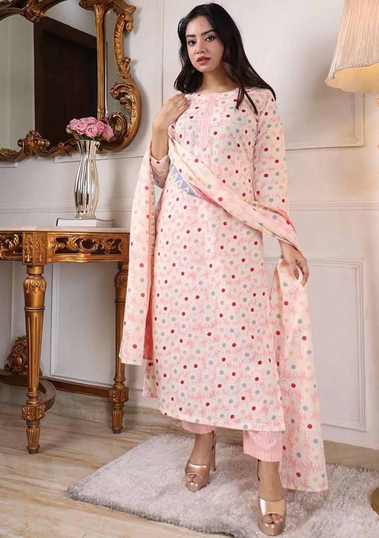 Peach Printed Poly Blend Kurta Set