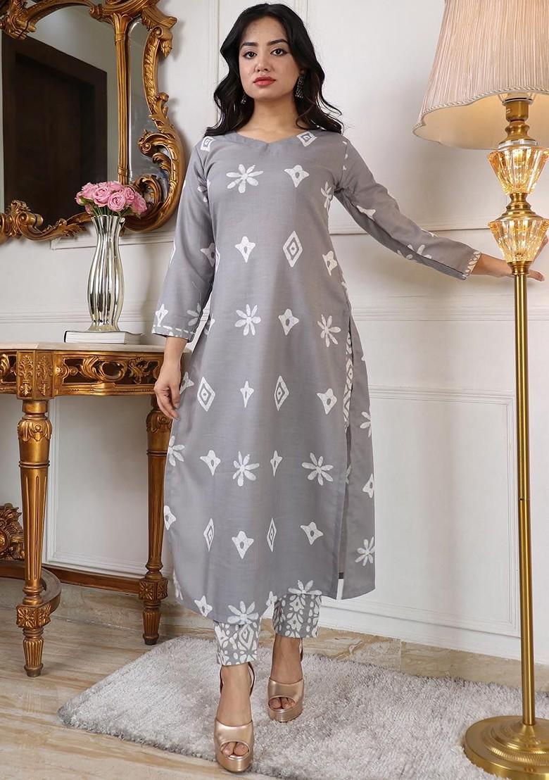 Grey Floral Print Poly Blend Kurta Set