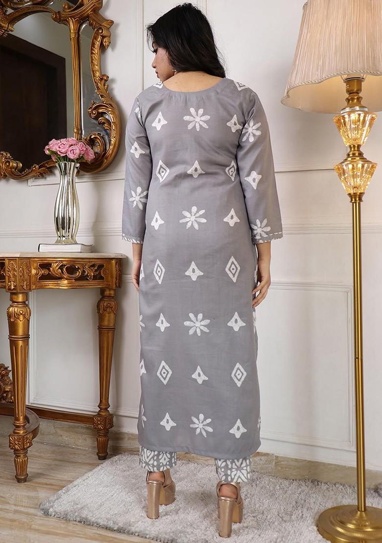 Grey Floral Print Poly Blend Kurta Set