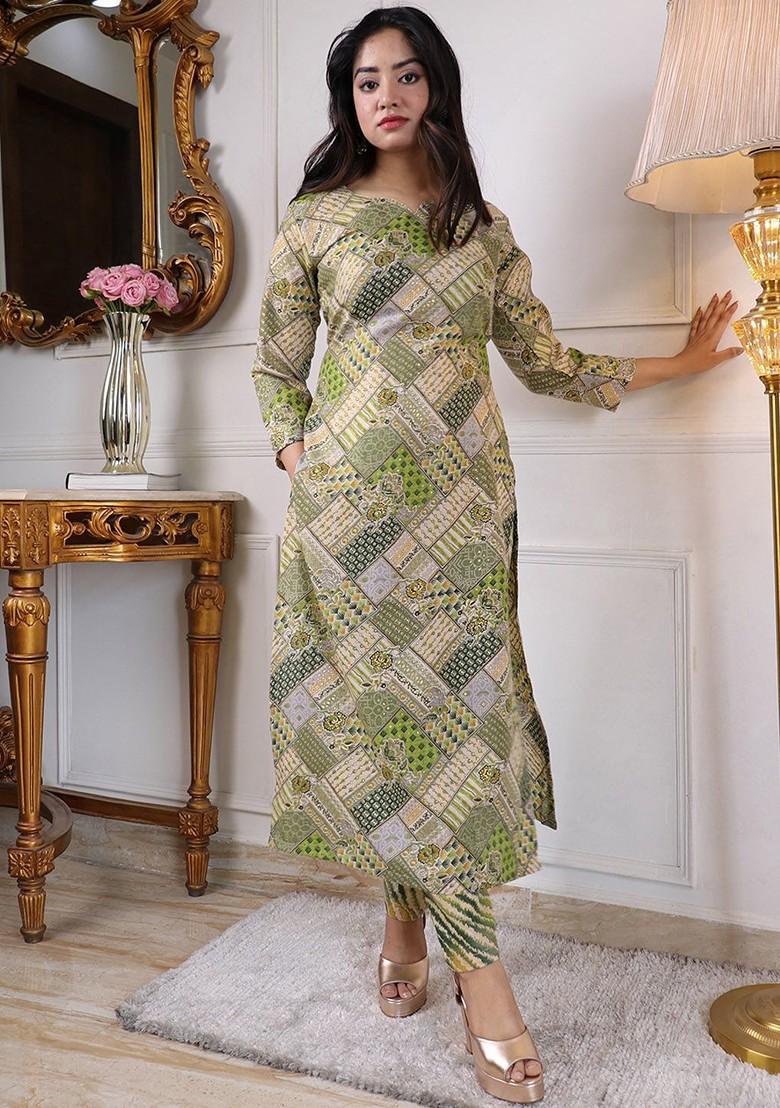 Green Printed Poly Blend Kurta Set