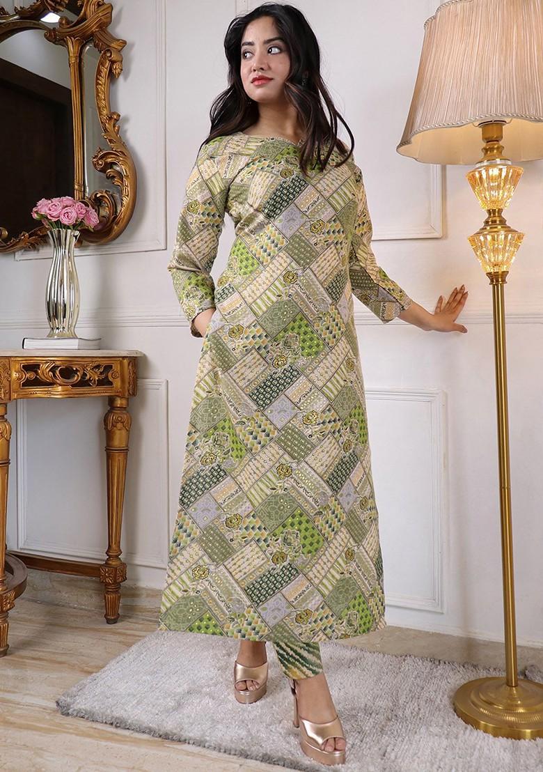 Green Printed Poly Blend Kurta Set
