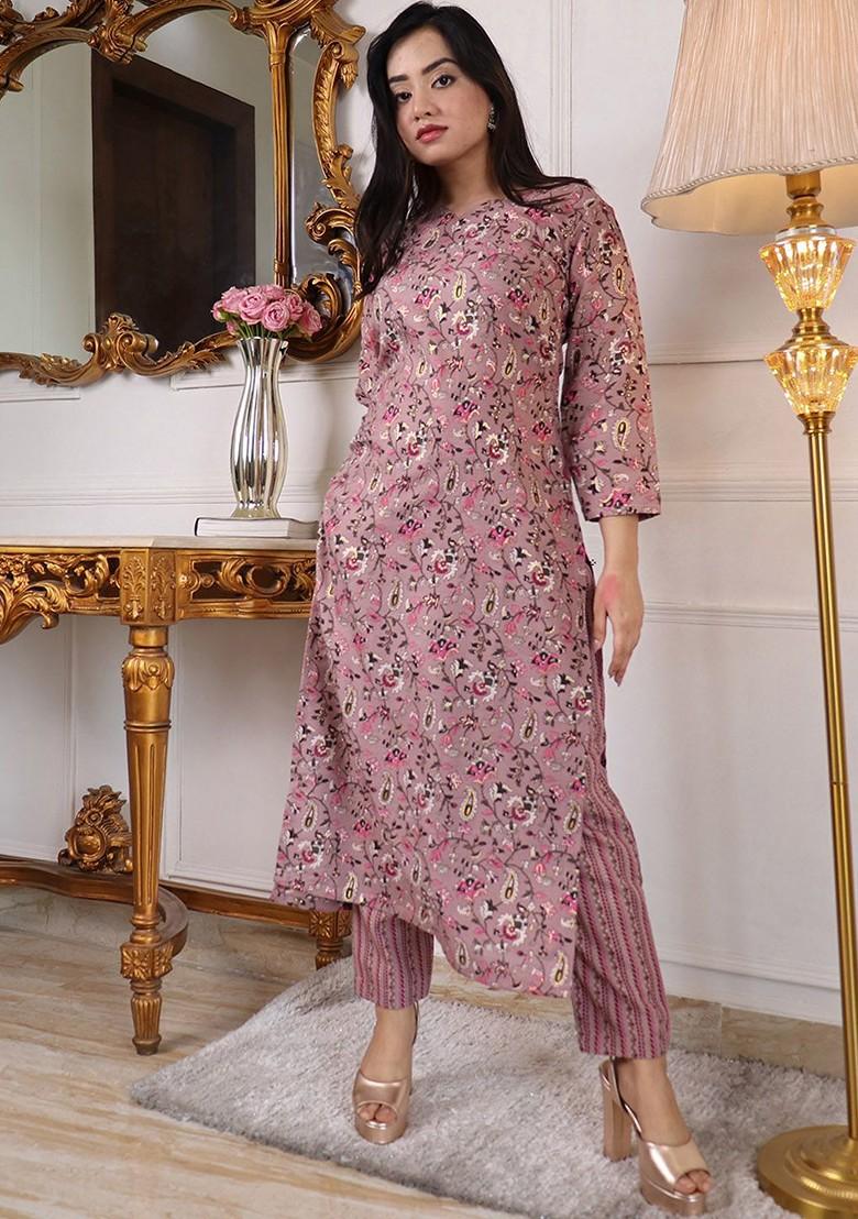 Purple Floral Print Poly Blend Kurta Set
