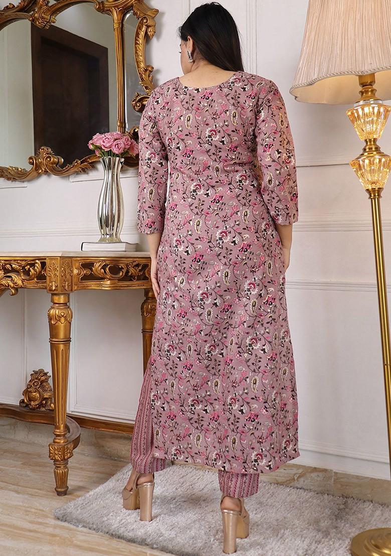 Purple Floral Print Poly Blend Kurta Set