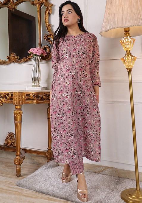 Purple Floral Print Poly Blend Kurta Set