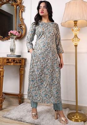 Blue Floral Print Poly Blend Kurta Set
