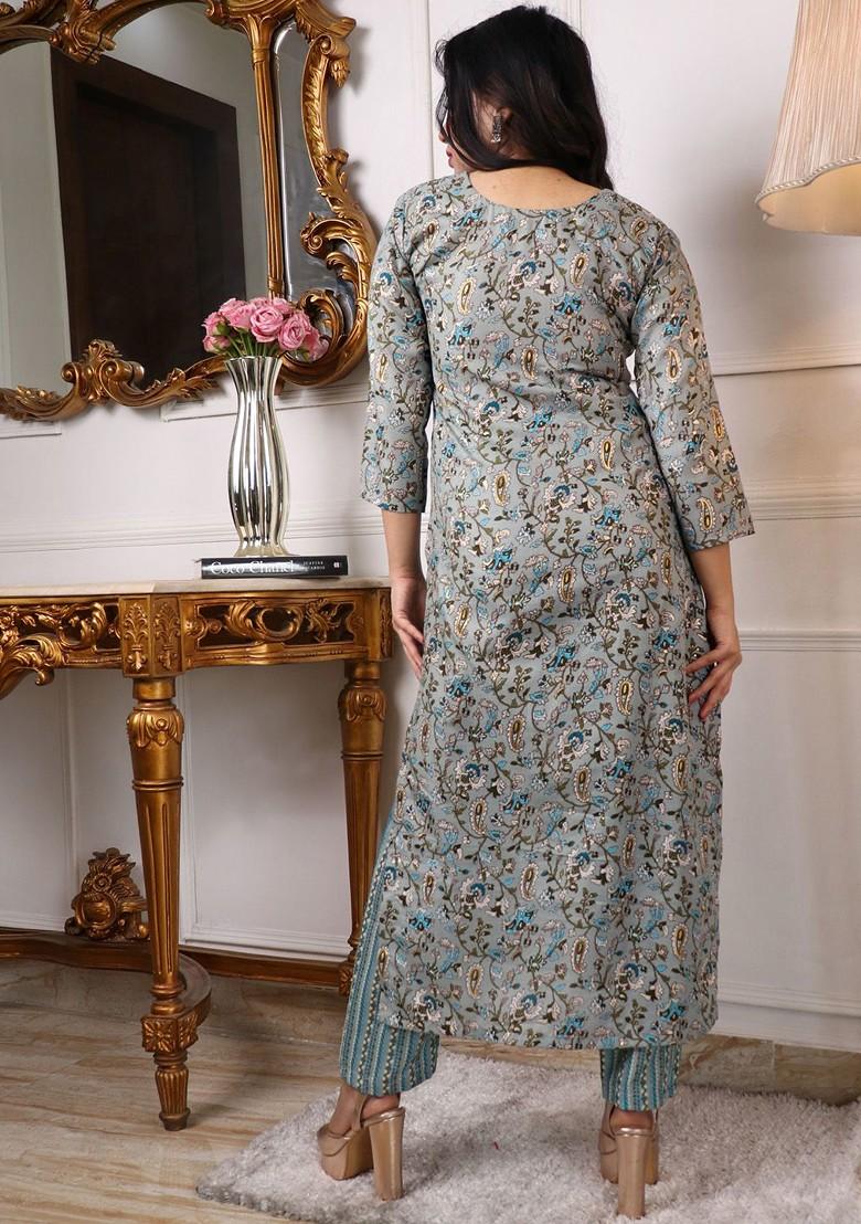 Blue Floral Print Poly Blend Kurta Set