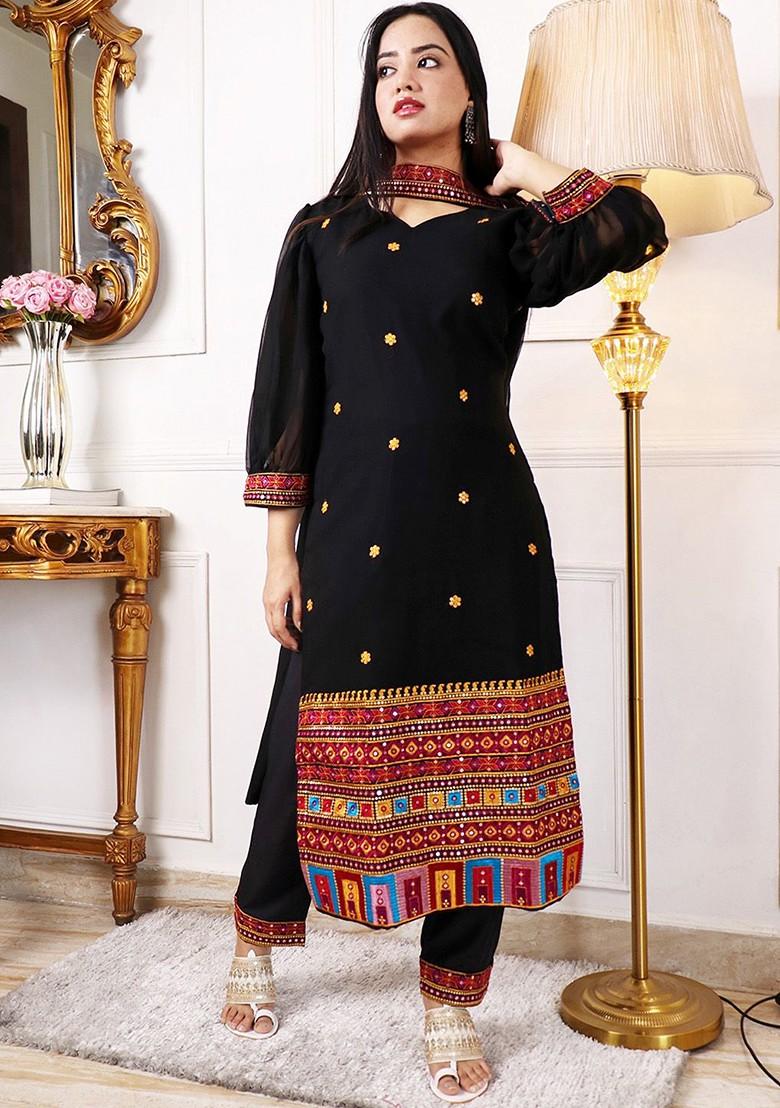Black Ethnic Motifs Embroidery Poly Blend Kurta Set