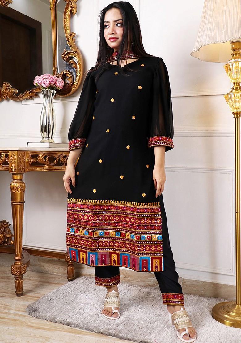 Black Ethnic Motifs Embroidery Poly Blend Kurta Set