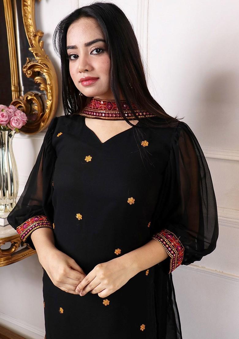 Black Ethnic Motifs Embroidery Poly Blend Kurta Set