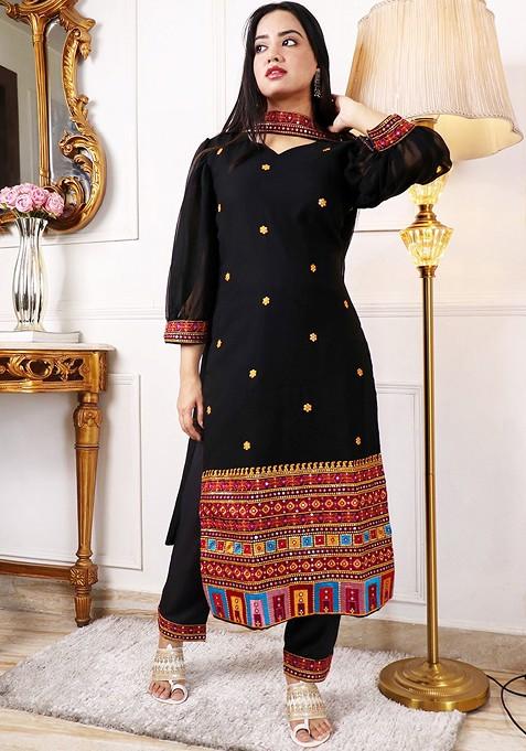 Black Ethnic Motifs Embroidery Poly Blend Kurta Set