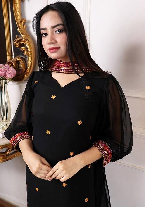 Black Ethnic Motifs Embroidery Poly Blend Kurta Set