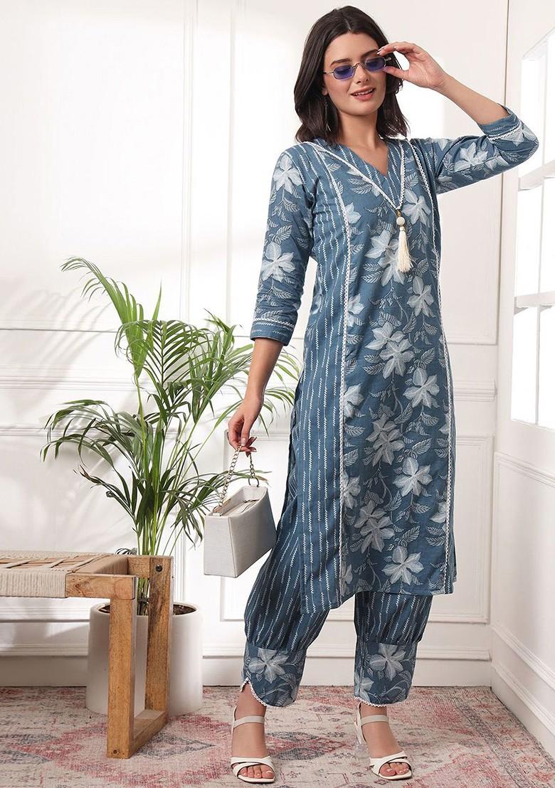 Blue Floral Print Cotton Kurta Set