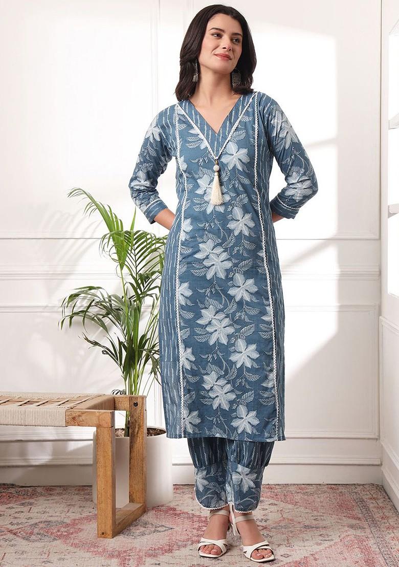 Blue Floral Print Cotton Kurta Set