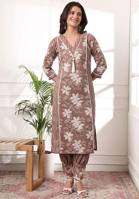Brown Floral Print Cotton Kurta Set