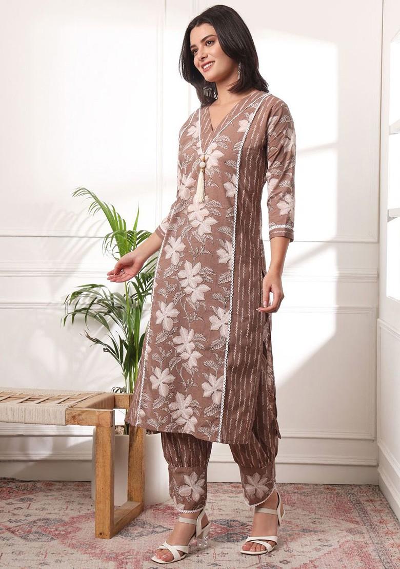 Brown Floral Print Cotton Kurta Set