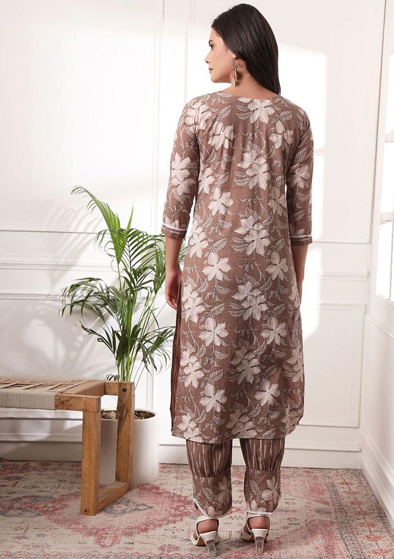 Brown Floral Print Cotton Kurta Set