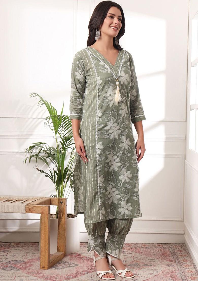 Green Floral Print Cotton Kurta Set