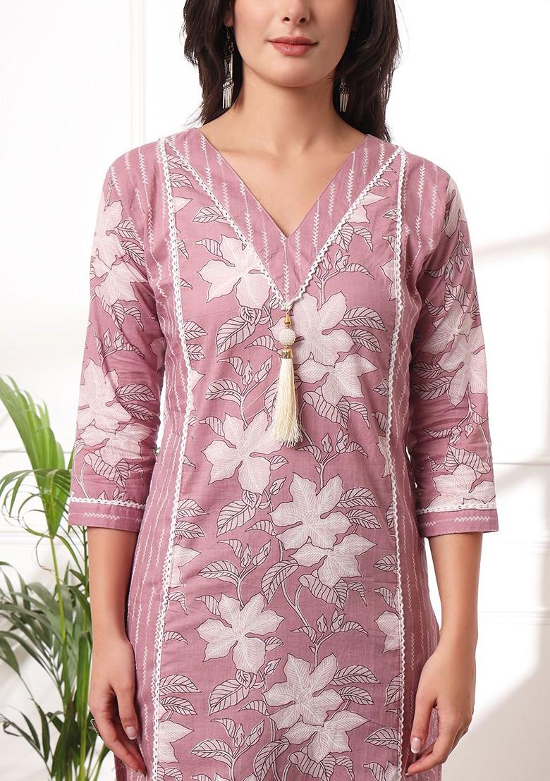 Pink Floral Print Cotton Kurta Set