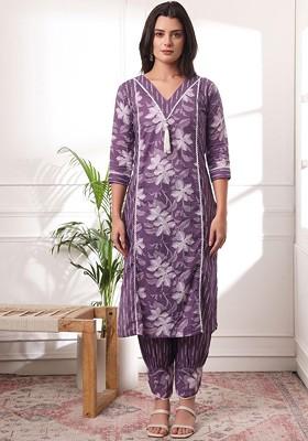 Purple Floral Print Cotton Kurta Set