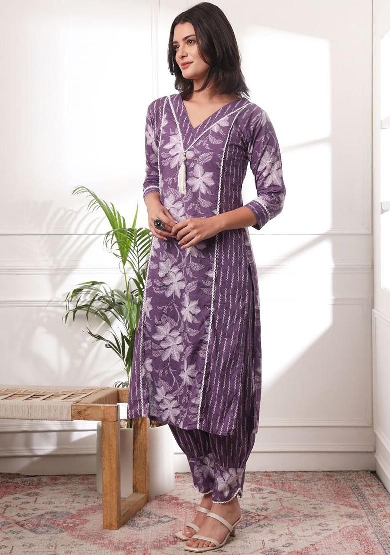 Purple Floral Print Cotton Kurta Set