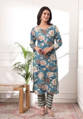Blue Floral Print Cotton Kurta Set
