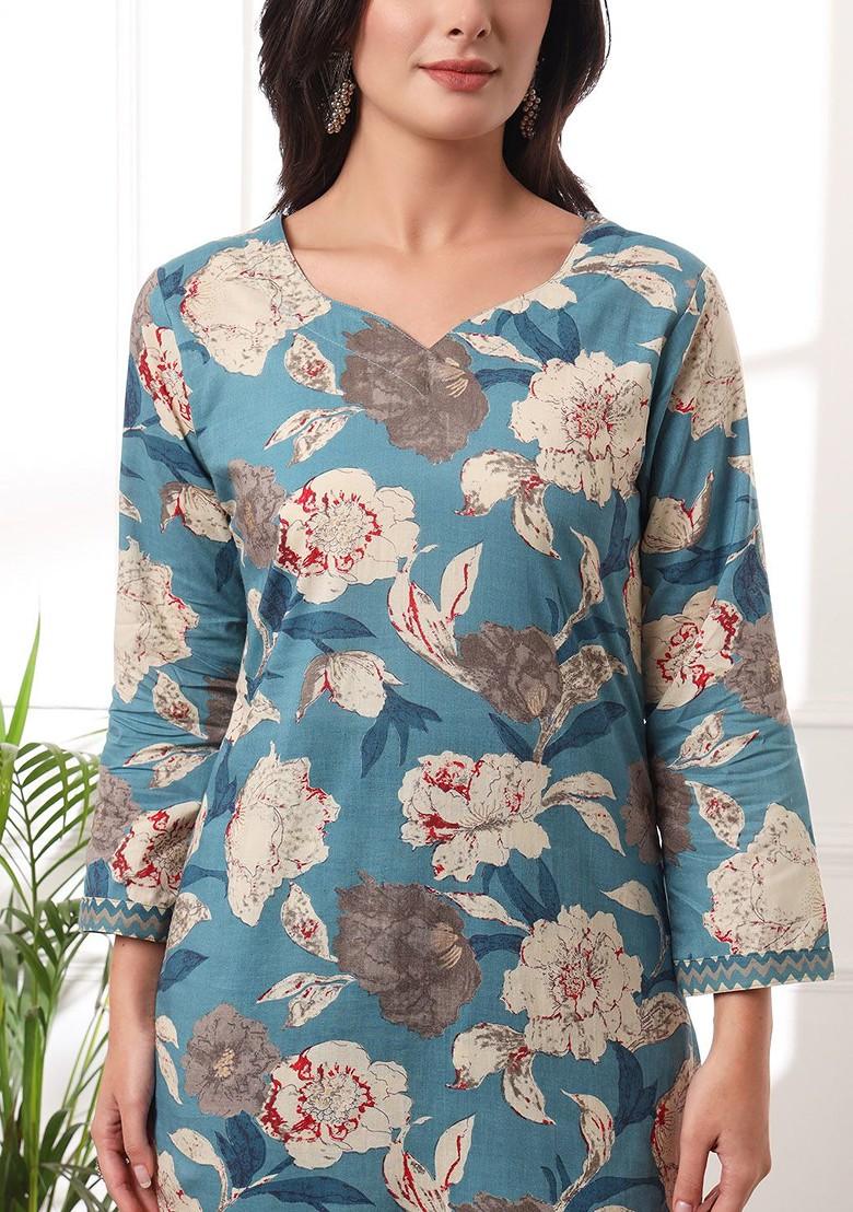 Blue Floral Print Cotton Kurta Set